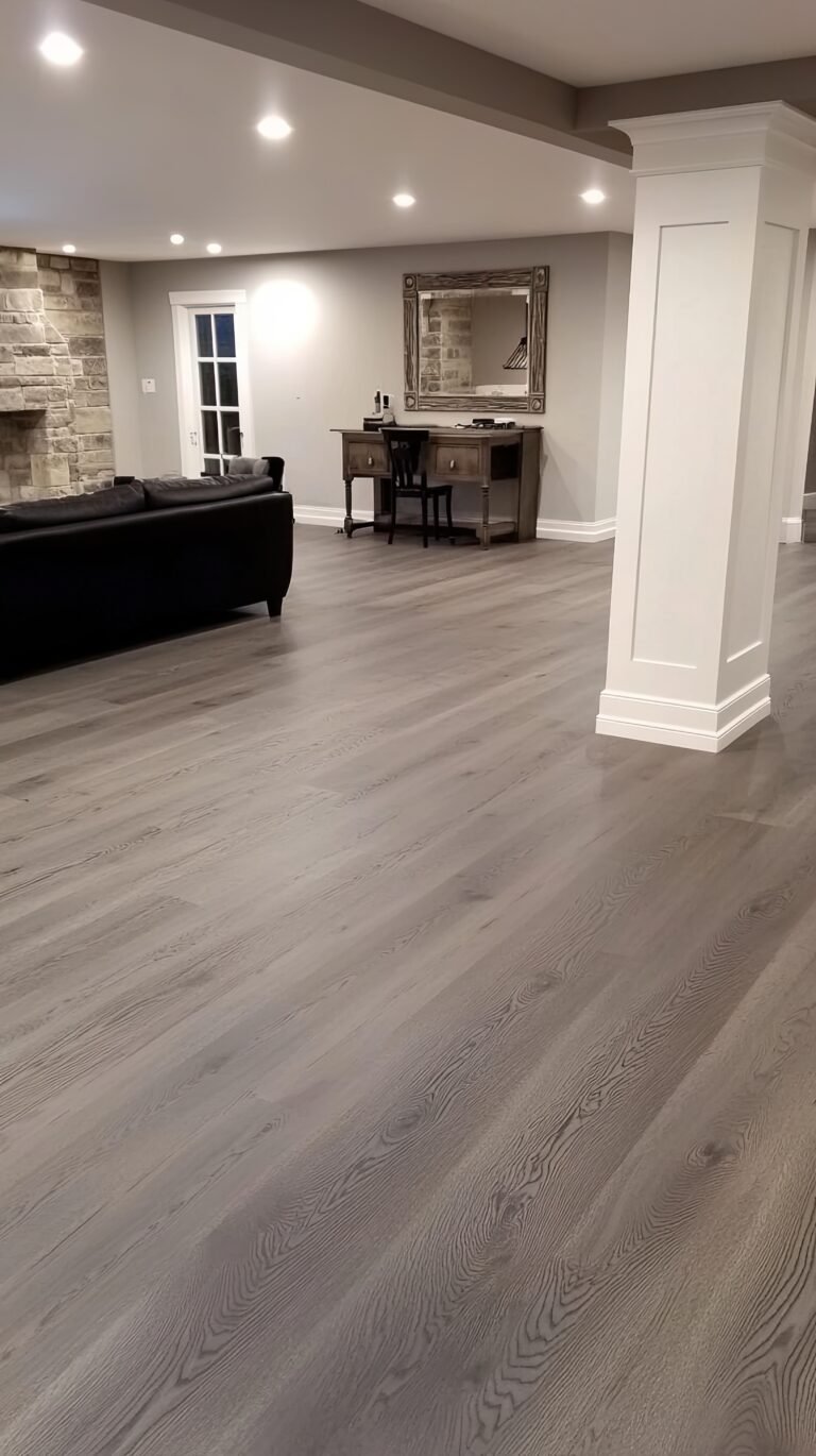 This stylish basement living room features white walls, light grey flooring, and cozy seating near the staircase leading to the main level