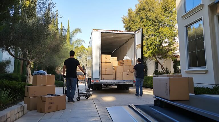 two men unloading boxes from a moving truck into a house